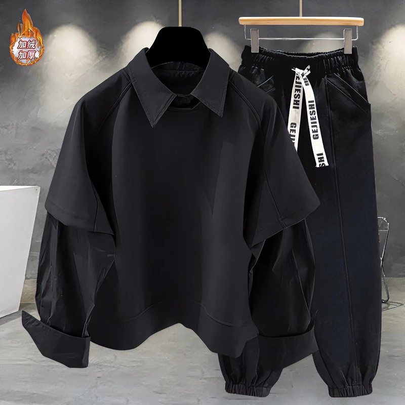 秋冬季加绒加厚卫衣套装男高级感痞帅炸街一整套帅气潮流男士套装