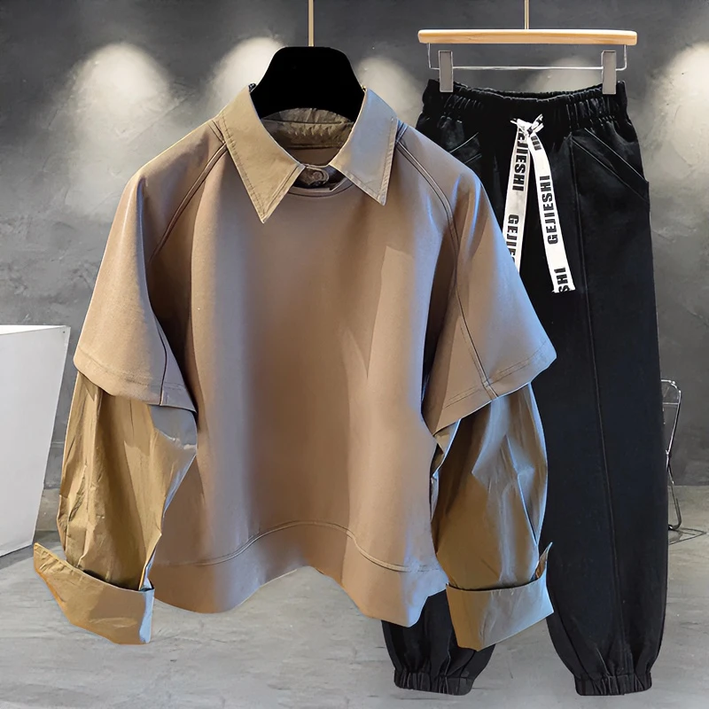 潮牌男装套装冬季男上衣潮流长袖时尚衬衫卫衣搭配休闲工装裤宽松