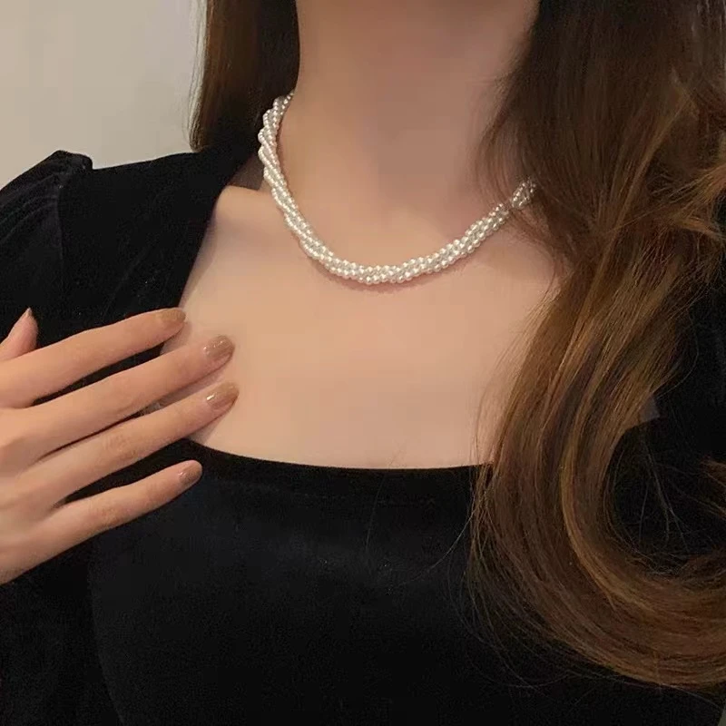 铜合金仿珍珠项链 巴洛克轻奢高级设计颈链气质多层麻花锁骨项链