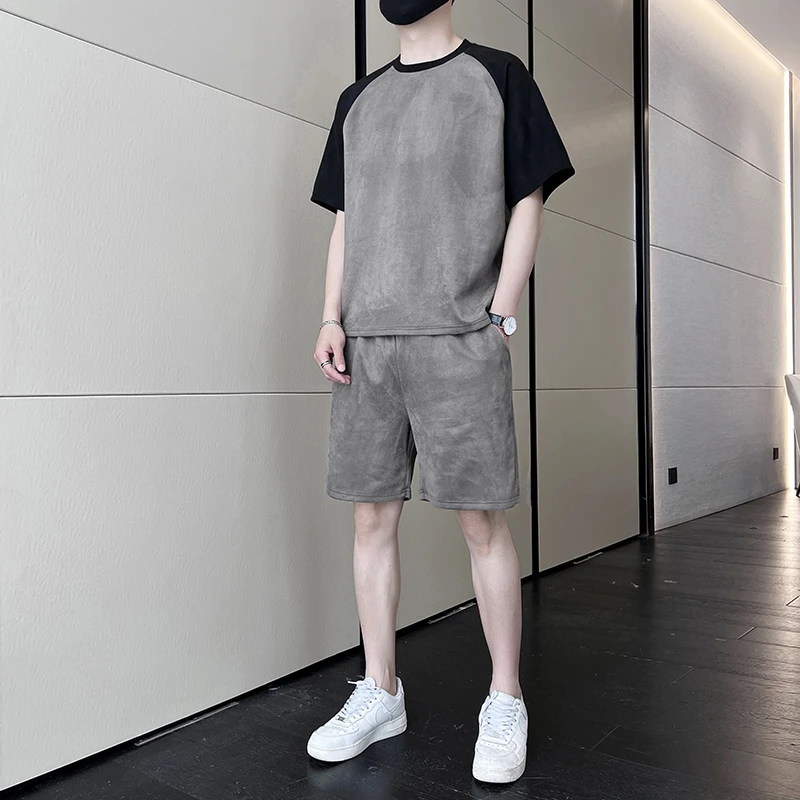 休闲运动套装男2025夏季新款高级感绒面短袖T恤搭配痞帅男装一套