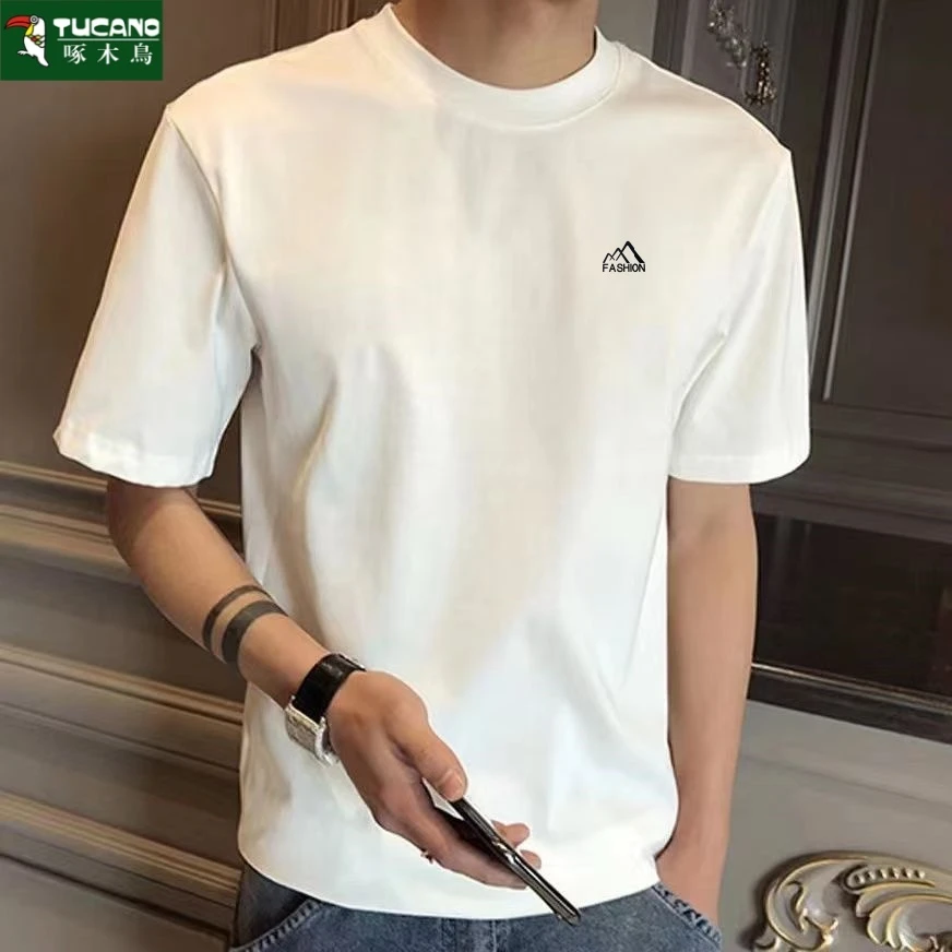 啄木鸟纯棉短袖t恤男士夏季2025新款宽松圆领休闲学生套头上衣服T