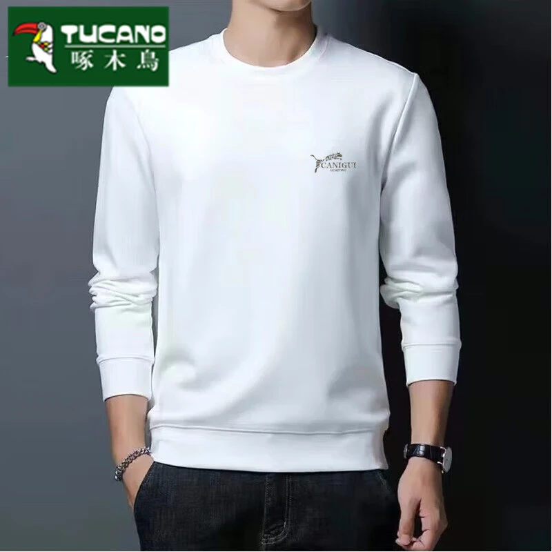 啄木鸟圆领男士卫衣秋冬季白色套头无帽秋冬款加厚保暖宽松长袖