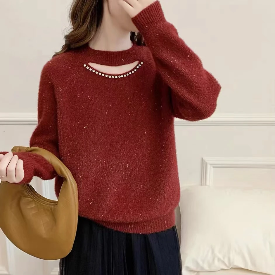 法式甜美镶钻镂空领针织衫上衣女气质亮丝毛衣