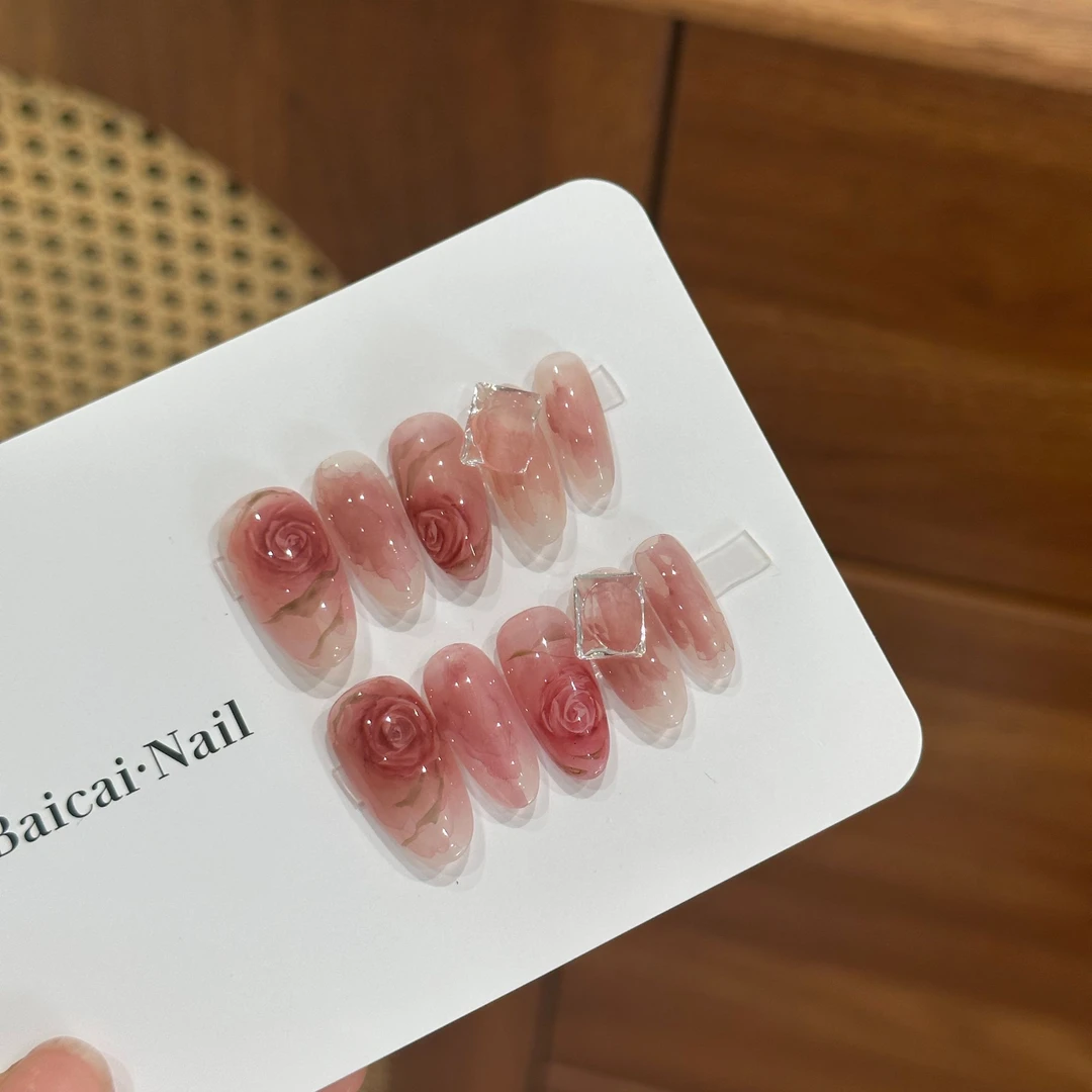 白菜家冰封玫瑰水彩美甲纯手工手绘红色手工穿戴甲天蝎座