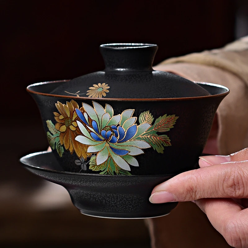 成艺 黑铁釉趴花茶具茶器 窑变清雅凝香盖碗180cc陶瓷功夫茶碗