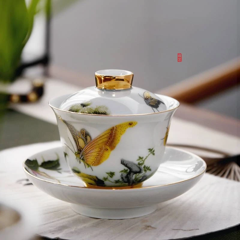 Art Make Taste/成艺蝶恋花2号三才盖碗陶瓷介杯描金敬茶碗泡茶器