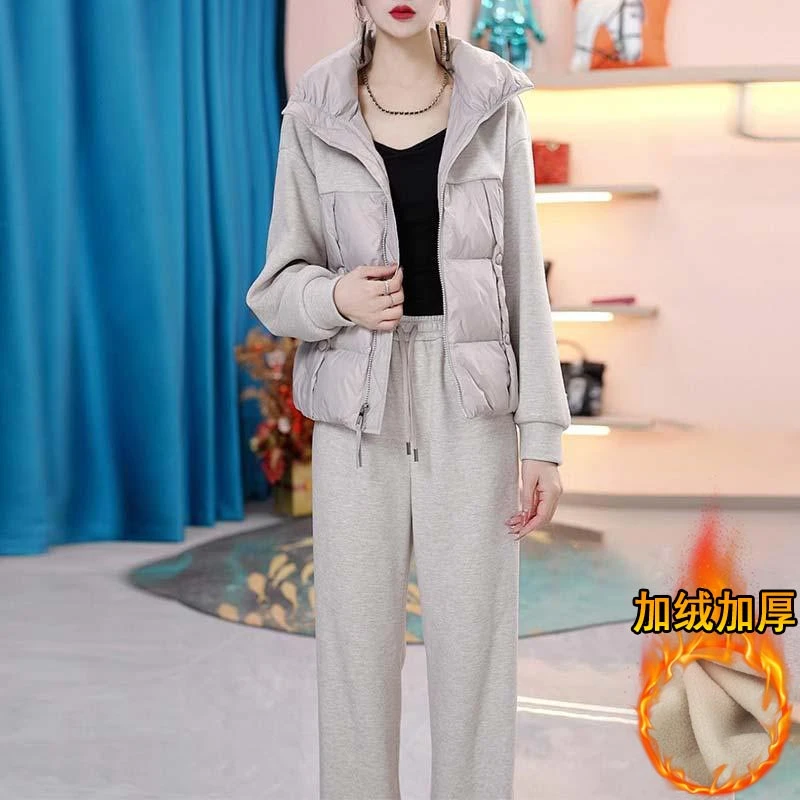 韩版时尚洋气棉服宽松裤子两件套2024年秋冬季新款加绒加厚套装潮