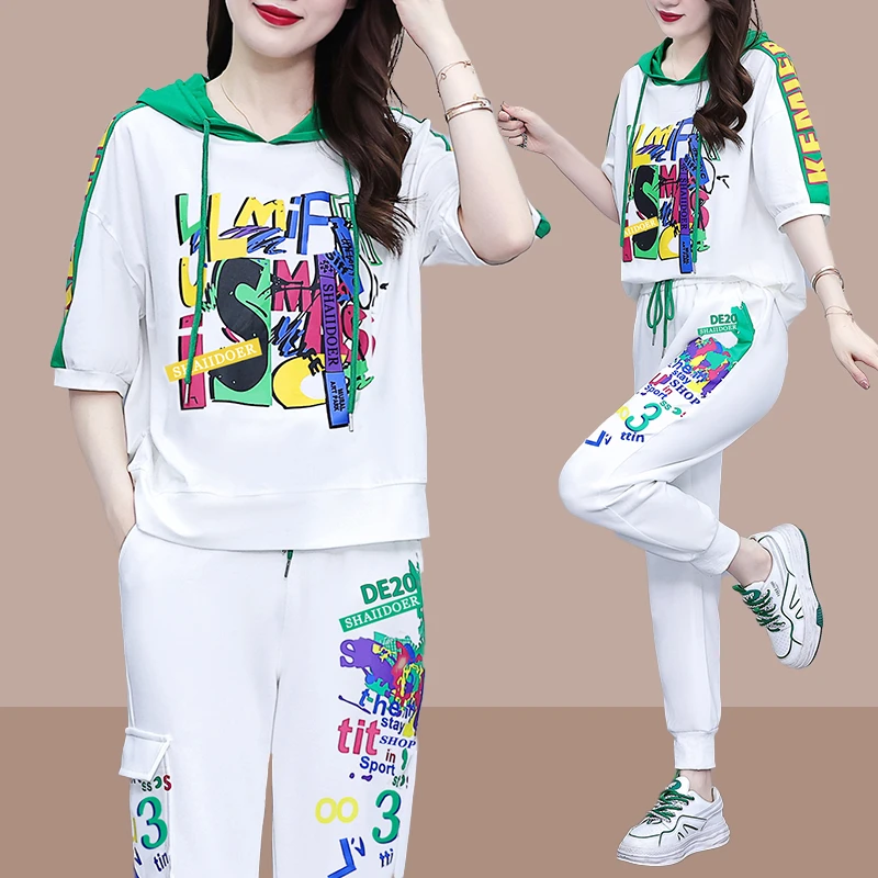 2025夏季新款运动休闲套装女大码宽松连帽印花上衣百搭长裤两件套