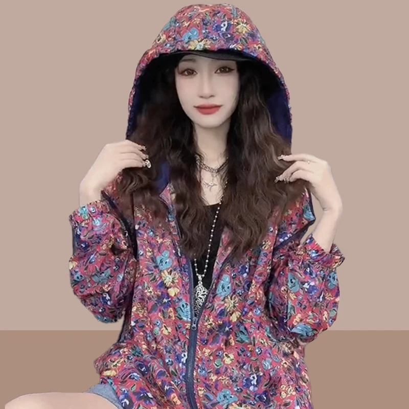 连帽防晒衣外套女2025夏季新款时尚洋气百搭休闲印花开衫防晒服女