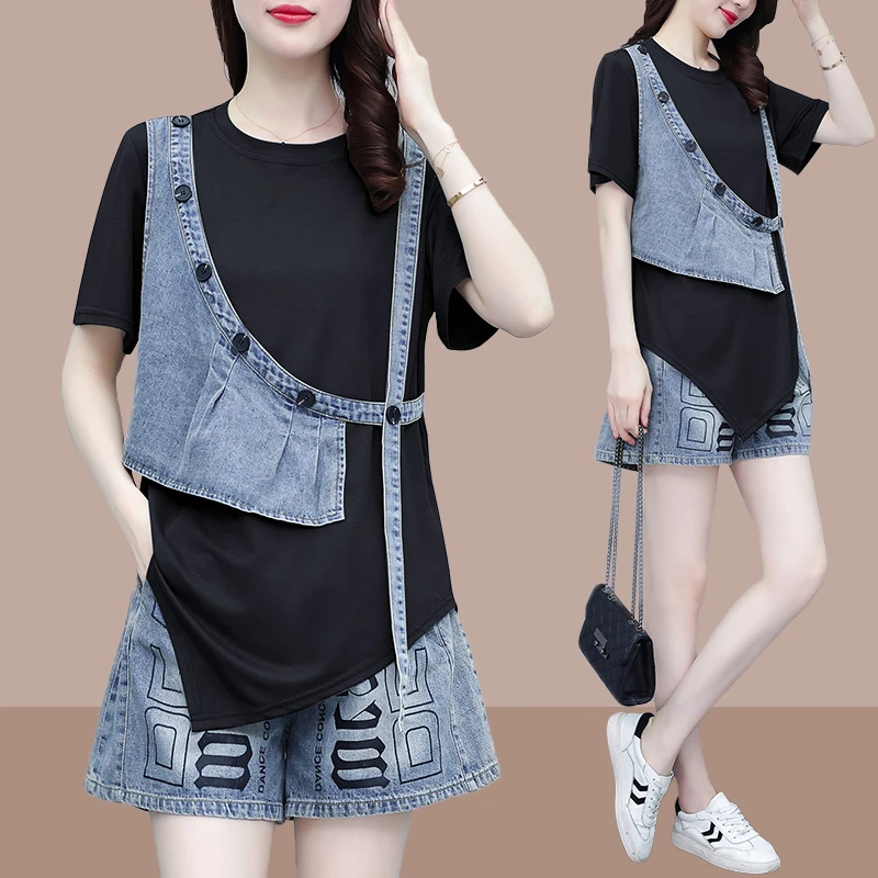 牛仔短裤套装两件套夏季2025新款爆款洋气微胖女装宽松时尚套装女