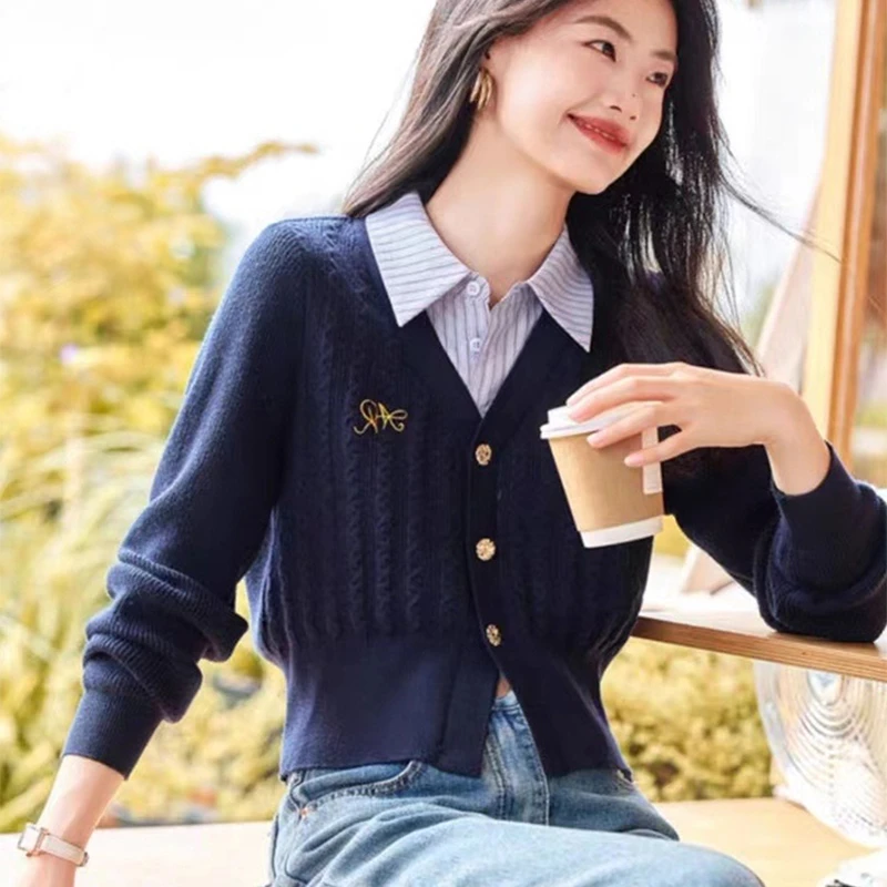 大码微胖法式学院风假两件拼接长袖针织衫毛衣女秋冬胖mm显瘦上衣