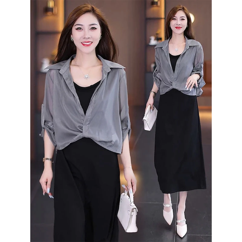 夏季气质防晒套装女2025年新款长袖披肩配裙子外穿薄纱开衫两件套