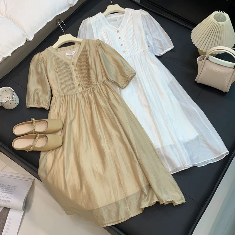 气质连衣裙女长款2025夏季法式收腰时尚显瘦休闲中长款短袖裙子女