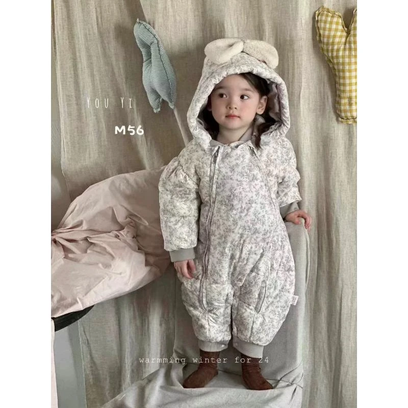 婴儿白鸭绒宝宝连体哈衣双拉链森系清新蝴蝶结帽公主羽绒服56