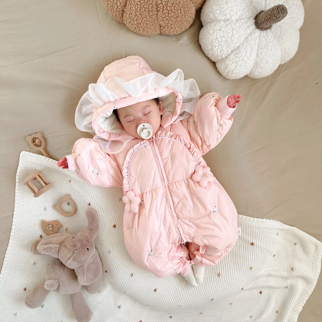 婴儿女婴宝花朵纯色加厚冬季极寒特厚加绒加厚羽绒连体衣哈衣706