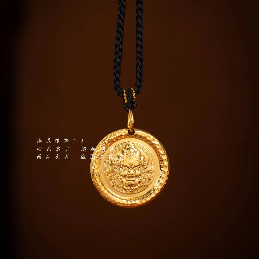 吊坠足银 锤纹黄财神吊坠手工实心送男友挂坠时尚金色古法复古