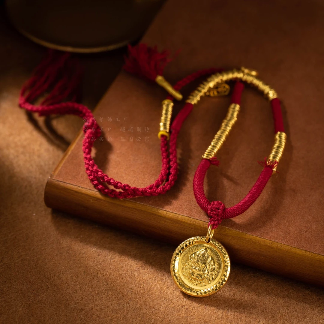 坠链均足银 纪念锤纹黄财神盘缠设计师轻奢时尚金色手工情侣复古