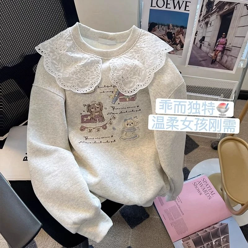 女童秋冬卫衣2025新款中大童甜美刺绣加绒加厚外套儿童娃娃领上衣