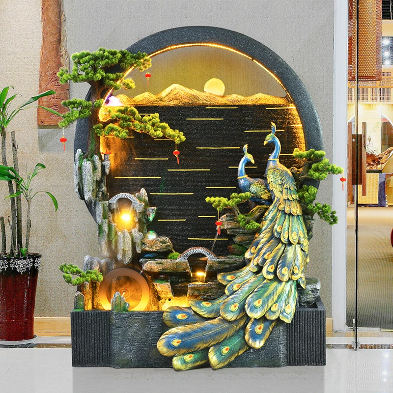 中式水幕墙流水屏风孔雀假山喷泉循环水景观会所茶室玄关落地摆件