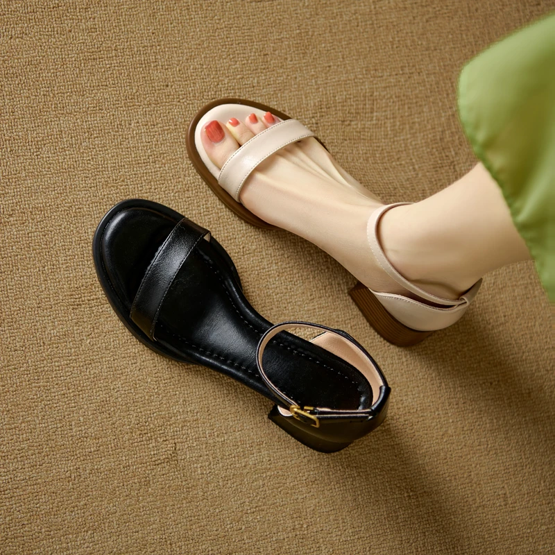 真皮凉鞋女中跟2025新款夏季百搭简约一字带露趾高跟鞋粗跟罗马鞋