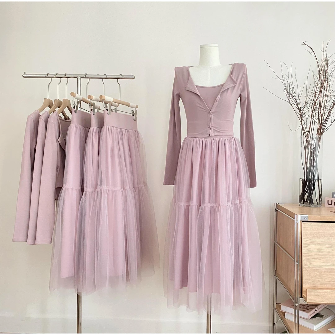 时尚套装裙秋冬女装法式小众气质甜美仙女裙半身裙长袖开衫三件套