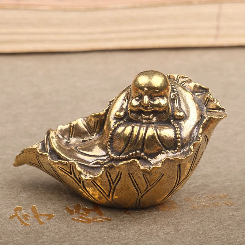 纯黄铜荷叶弥勒佛摆件黄铜笑口常开招财元宝办公桌面装饰创意礼品