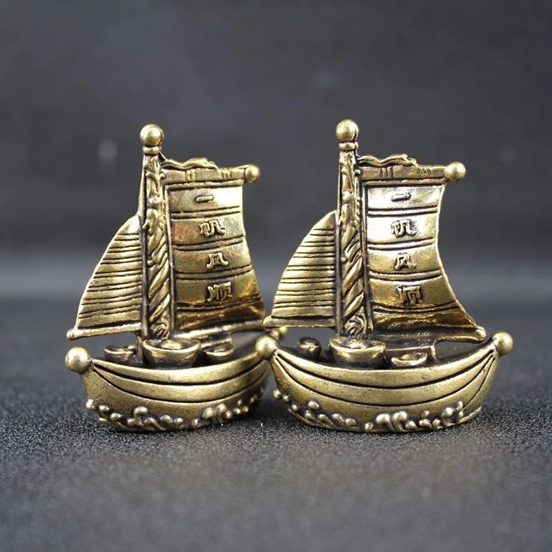 纯黄铜一帆风顺帆船家居办公室桌面摆件帆船工艺品装饰品黄铜茶宠