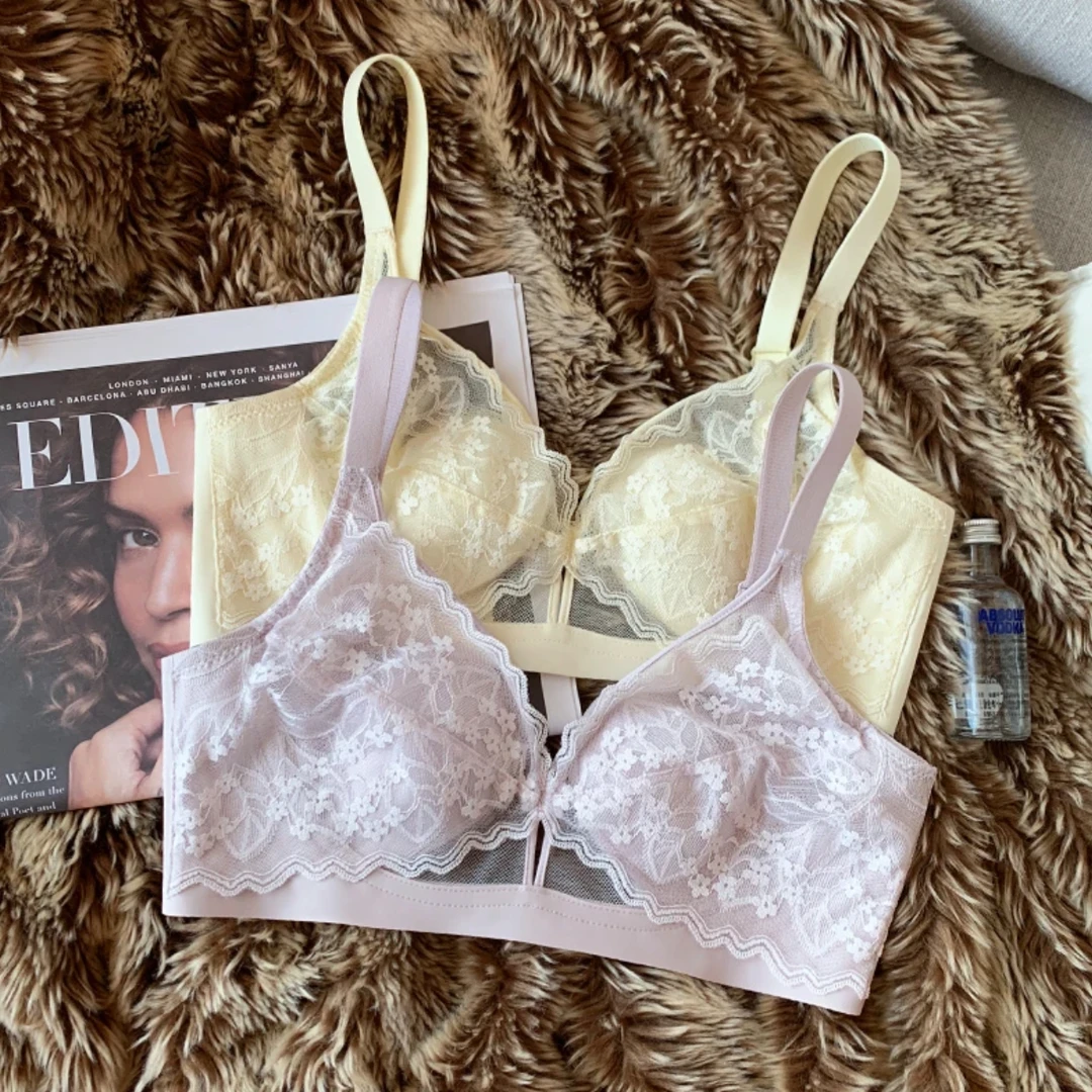 法式蕾丝水晶杯大胸显小内衣女夏薄显瘦无钢圈收副乳兔耳朵杯文胸