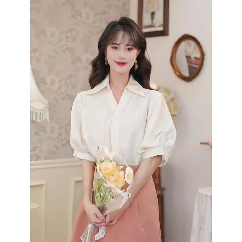 六七【芝士奶冻】港风复古纯色短袖衬衫女宽松显瘦上衣CS052403