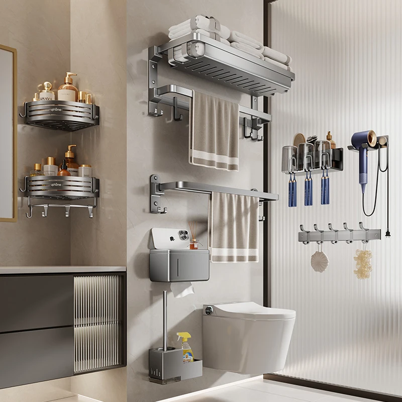 毛巾架卫生间免打孔浴巾架一体挂架套装厕所浴室收纳置物架壁挂式