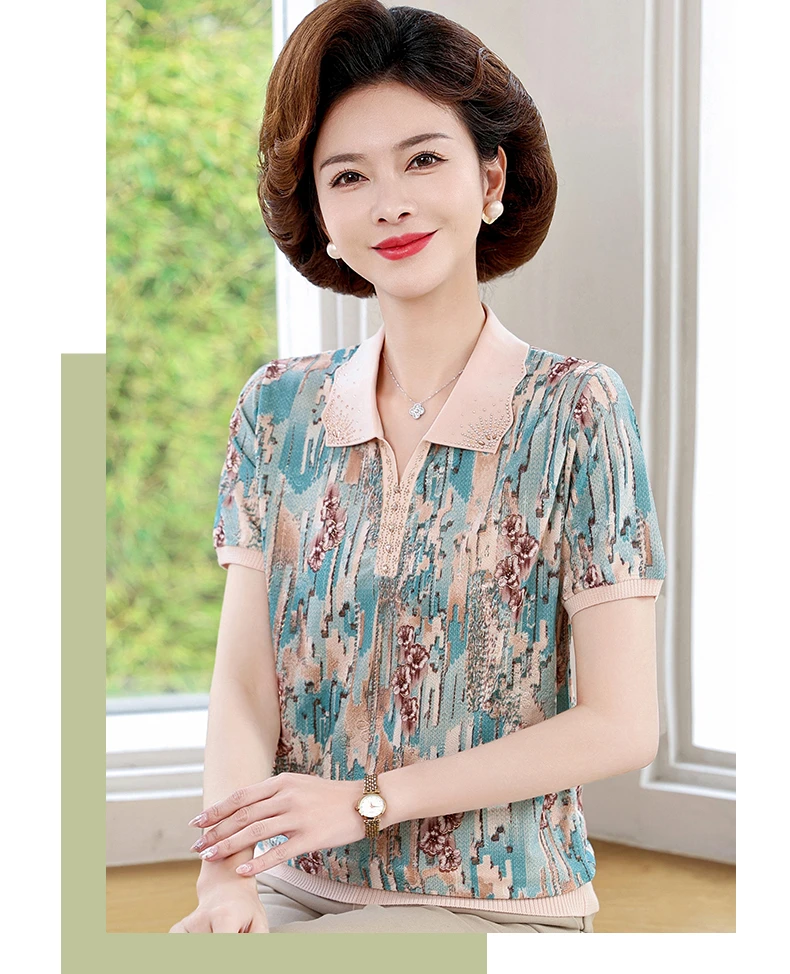 诺妈夏装翻领T恤中老年妈妈装薄款POLO领上衣短袖小衫