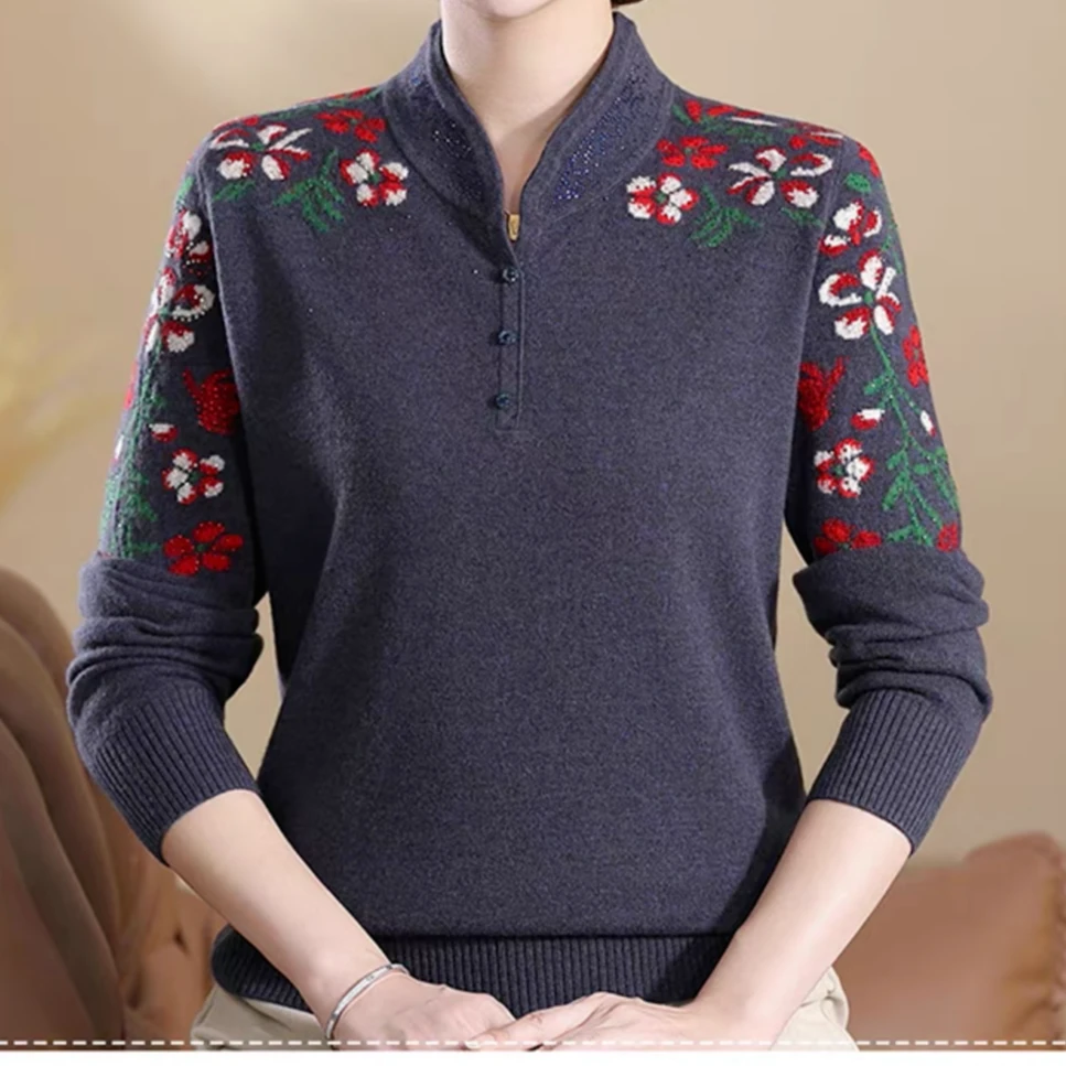 100%绵羊毛中老年妈妈装旗袍领嵌花针织衫时尚宽松版羊毛衫上衣女