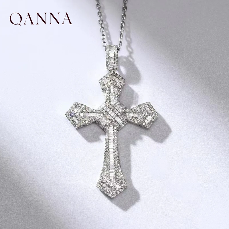QANNA【1克拉 方钻十字架】18K金欧美ins风钻石吊坠（不含链）AF