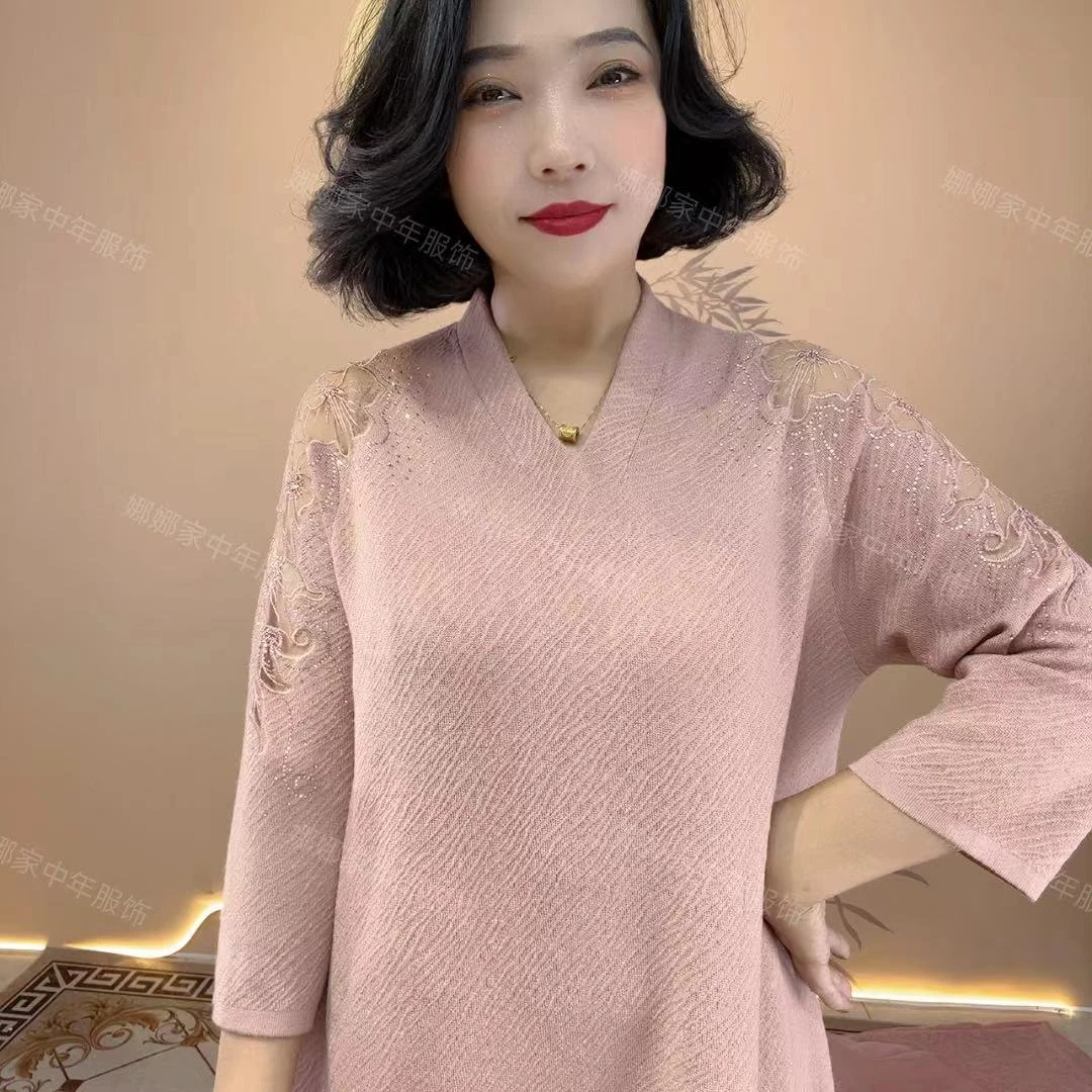 9118娜娜家中老年连衣裙镂空九分袖妈妈装时尚洋气大码女装妈妈装