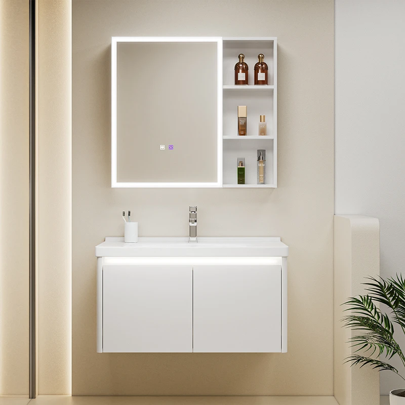 加厚适配奶白色蜂窝铝感应灯设计镜柜组合陶瓷一体盆洗漱洗手盆