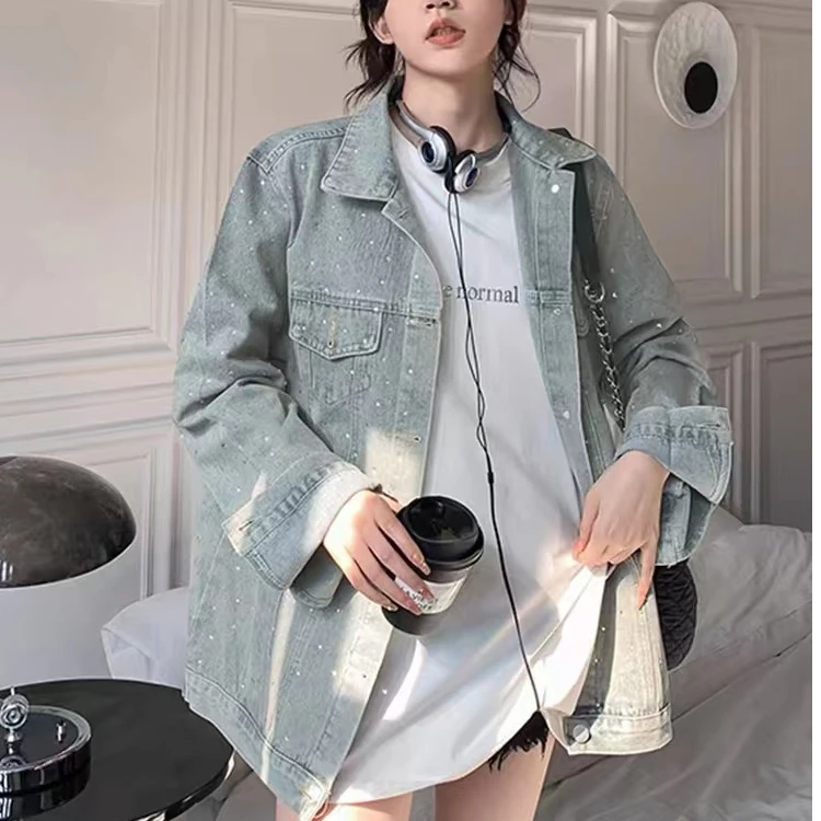 韩版宽松显瘦牛仔外套女2025春季新款设计感重工烫钻工装风夹克潮