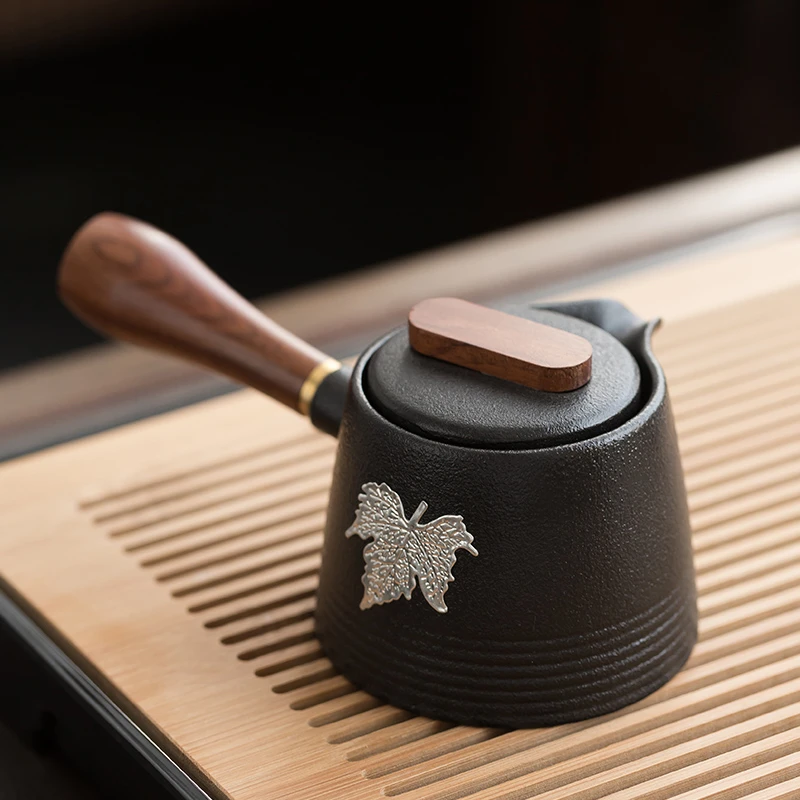 黑陶盖碗陶瓷泡茶碗粗陶手抓盖碗单个不烫手功夫茶具侧把茶壶茶杯