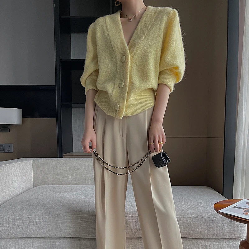 JWUNIQUE 黄色针织衫上衣女装2024早春女装新款V领洋气开衫外套潮