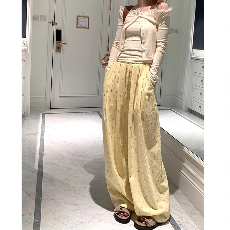 肌理波点夏日多巴胺格纹阔腿休闲裤女海盐苏打洋气百搭夏季外穿