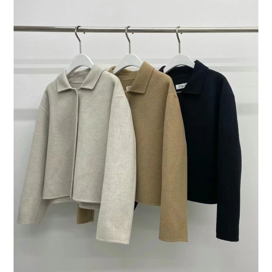 AW23601  Fave翻领短款双面手缝羊毛大衣