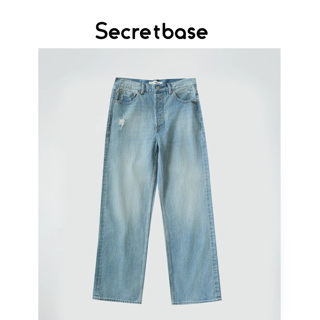 潮流复古休闲直筒牛仔裤秋季新款纯棉痞帅破洞裤脚磨破百搭阔腿裤