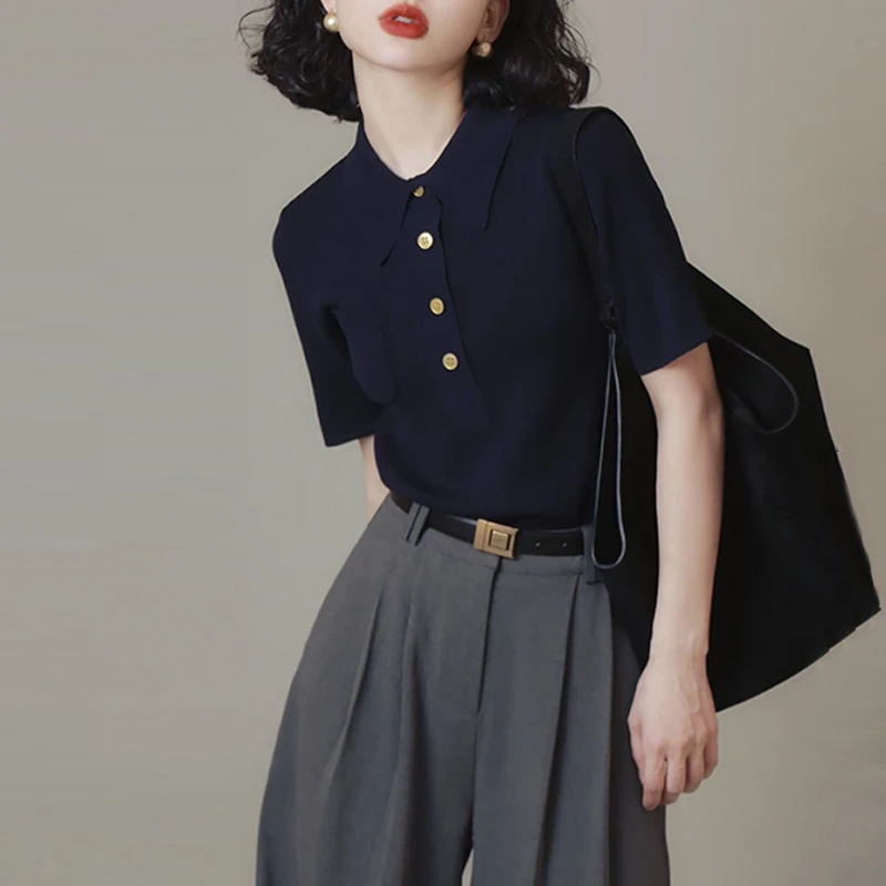 简约翻领短袖t恤女新款夏秋季修身减龄气质正肩针织衫polo领上衣