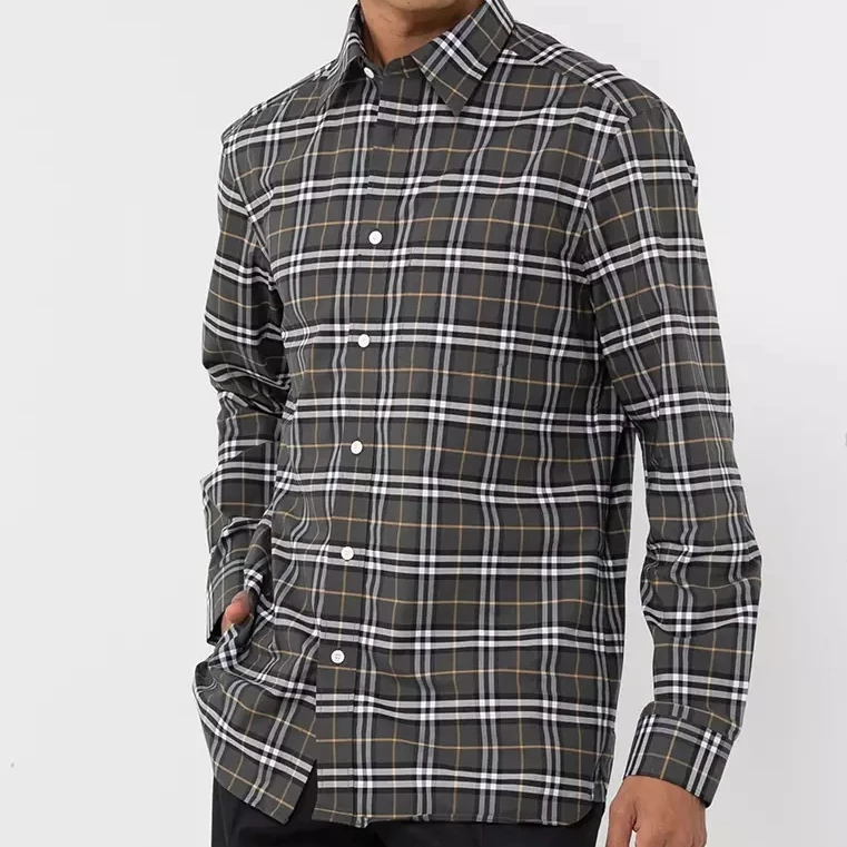 BURBERRY/博柏利 男士深灰色棉质黄条格纹经典款衬衫80048331