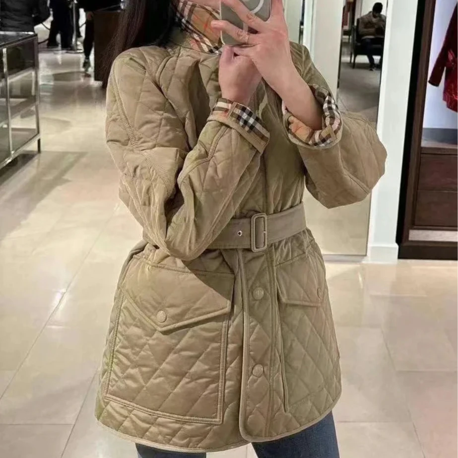 BURBERRY博柏利女士驼色聚酰胺翻领束腰绗缝夹克厚外套80734171