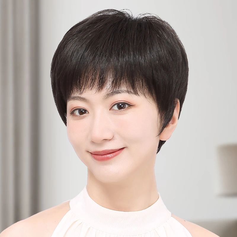 许昌假发女短发全头套式真发套妈妈自然假发套真人发丝中老年女士