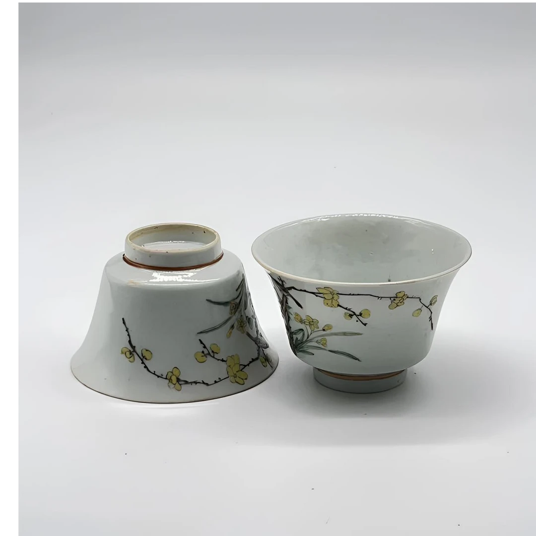 清代道光粉彩花鸟纹杯一对