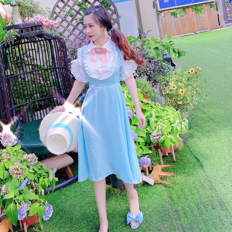 日系少女甜美公主风木耳边拼接假两件蛋糕裙子高腰收腰显瘦连衣裙