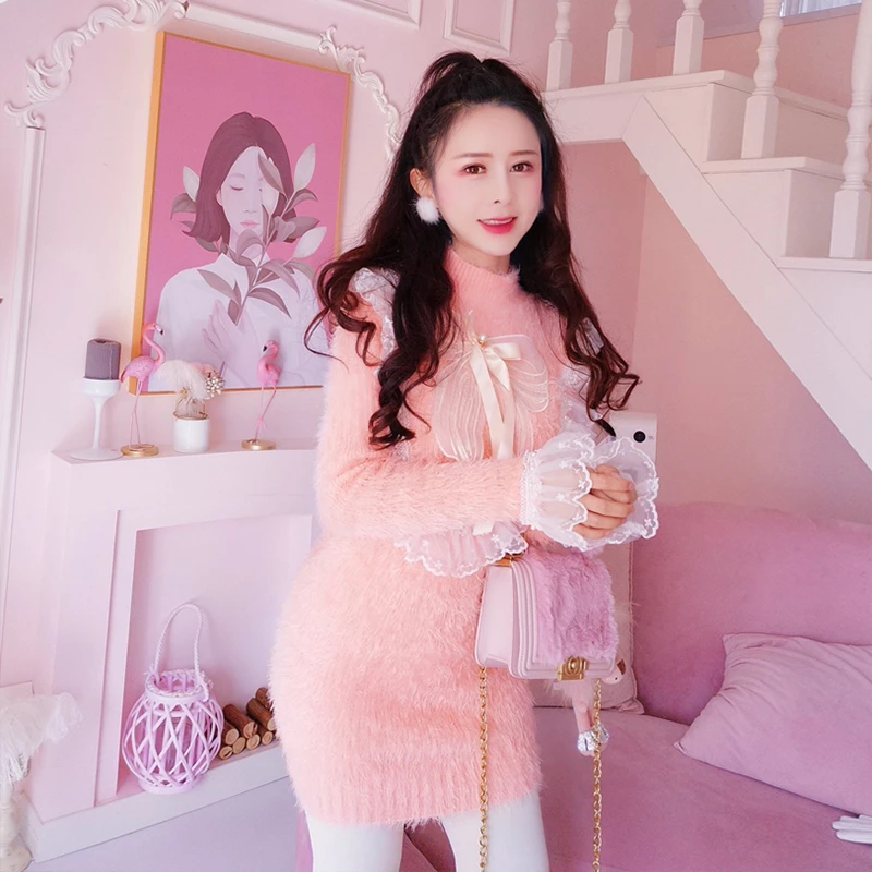 蝴蝶结毛衣女中长款拼接蕾丝木耳边秋冬甜美白色毛绒马海毛针织衫