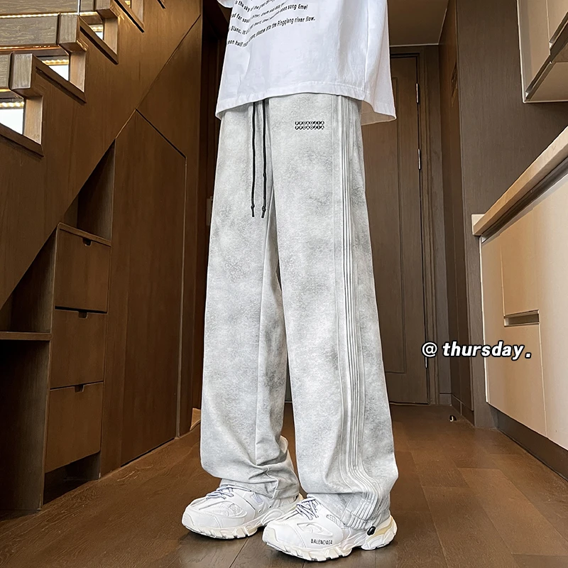 巴家脏脏裤男夏季新款褶边设计感休闲裤美式复古垂感宽松阔腿长裤