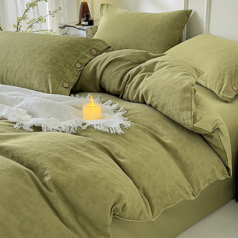 全棉三层水洗提花床上四件套春季加厚纯棉床单被套床笠床品三件套